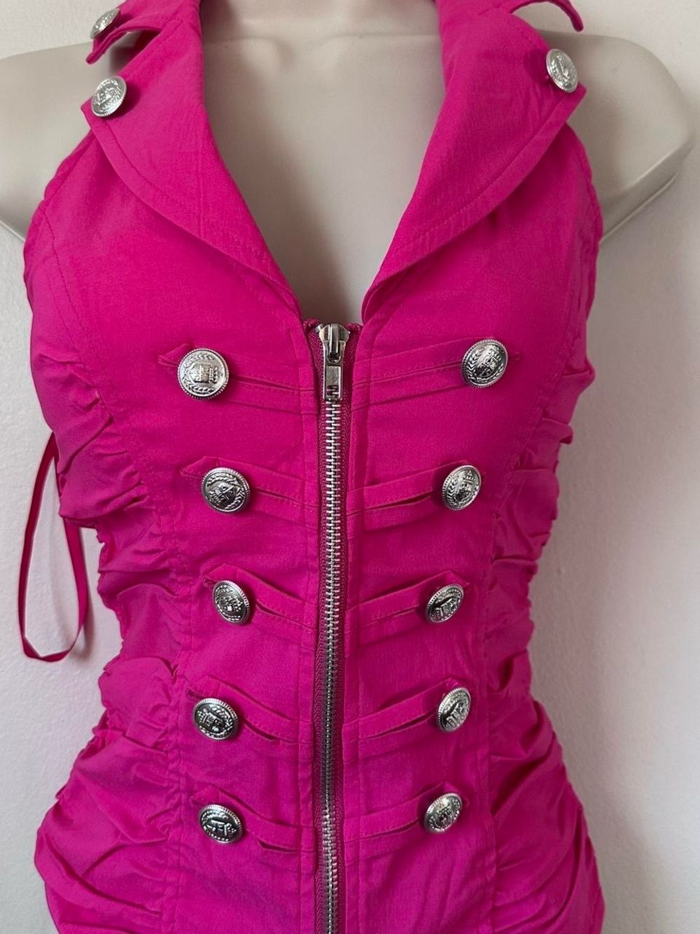 Hot Pink Military-Style Zip Halter Top